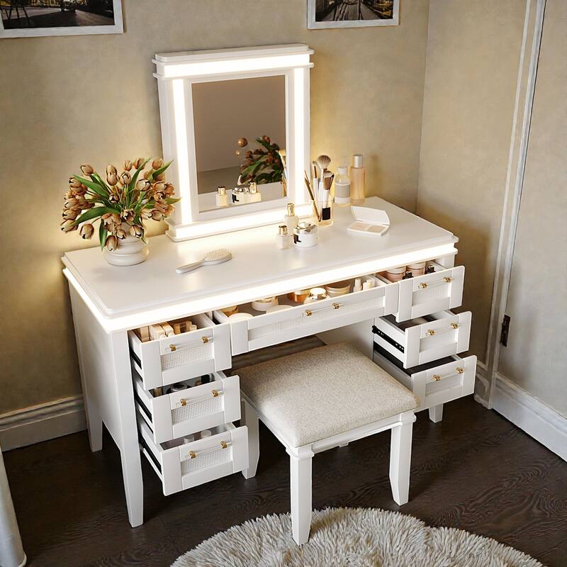 48" Makeup Vanity Desk with Mirror and Lights, 7-Drawer Dressing Table with Cushioned Stool, Classic Finish