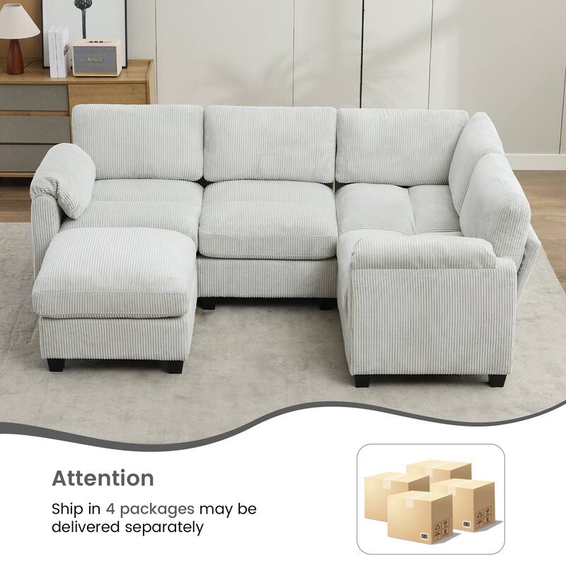 5-Seater Corduroy Sectional Sofa, Removable Ottoman, Modular Design