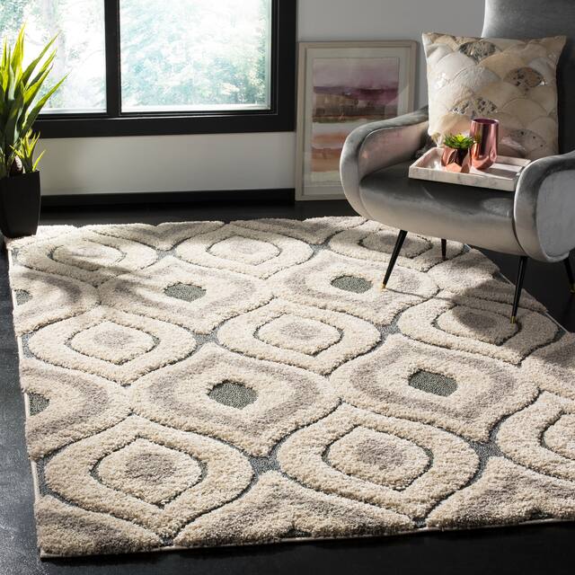 SAFAVIEH Florida Shag Bertille Geometric 1.2-inch Thick Rug - 11' x 15' - Cream/Light Blue