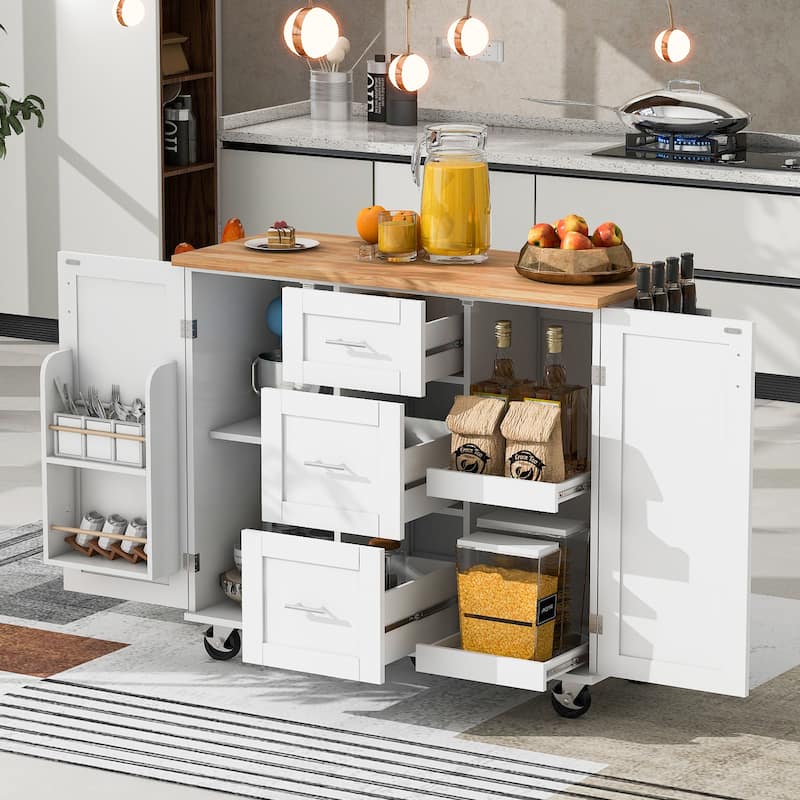 Rolling Kitchen Island with Storage, Kitchen cart with Rubber Wood Top, 3 Drawer, 2 Slide-Out Shelf and Internal Storage Rack