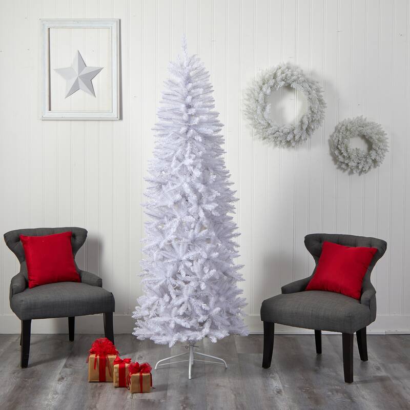 7’ Pre-Lit Slim White Artificial Christmas Tree, Warm Clear LED Lights - 7 Foot