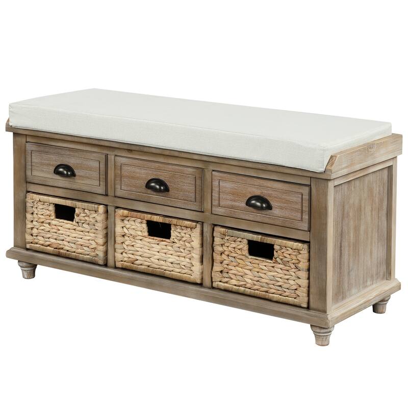 Storage Bench with Drawers and Rattan Baskets Entryway Shoe Bench