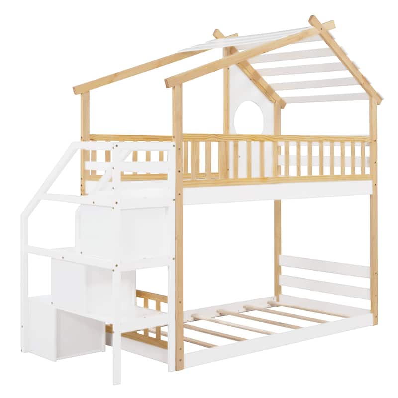 Stairway Bunk Bed, House Bed with Storage and Guard Rail