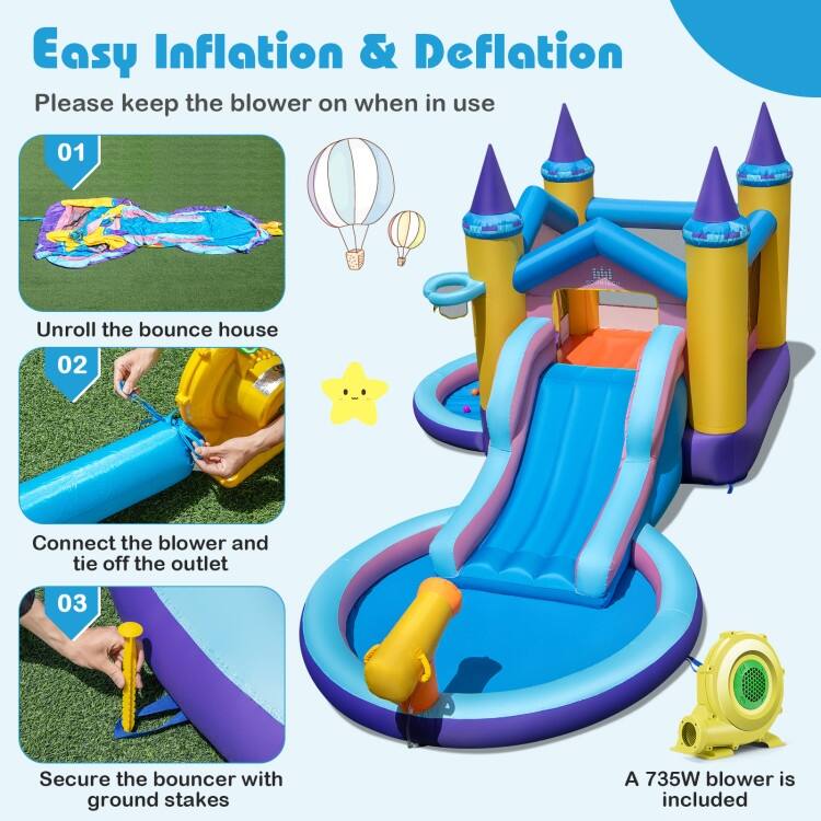 6-in-1 Inflatable Kids Water Park with 735W Blower - 197" x 115.5" x 92"