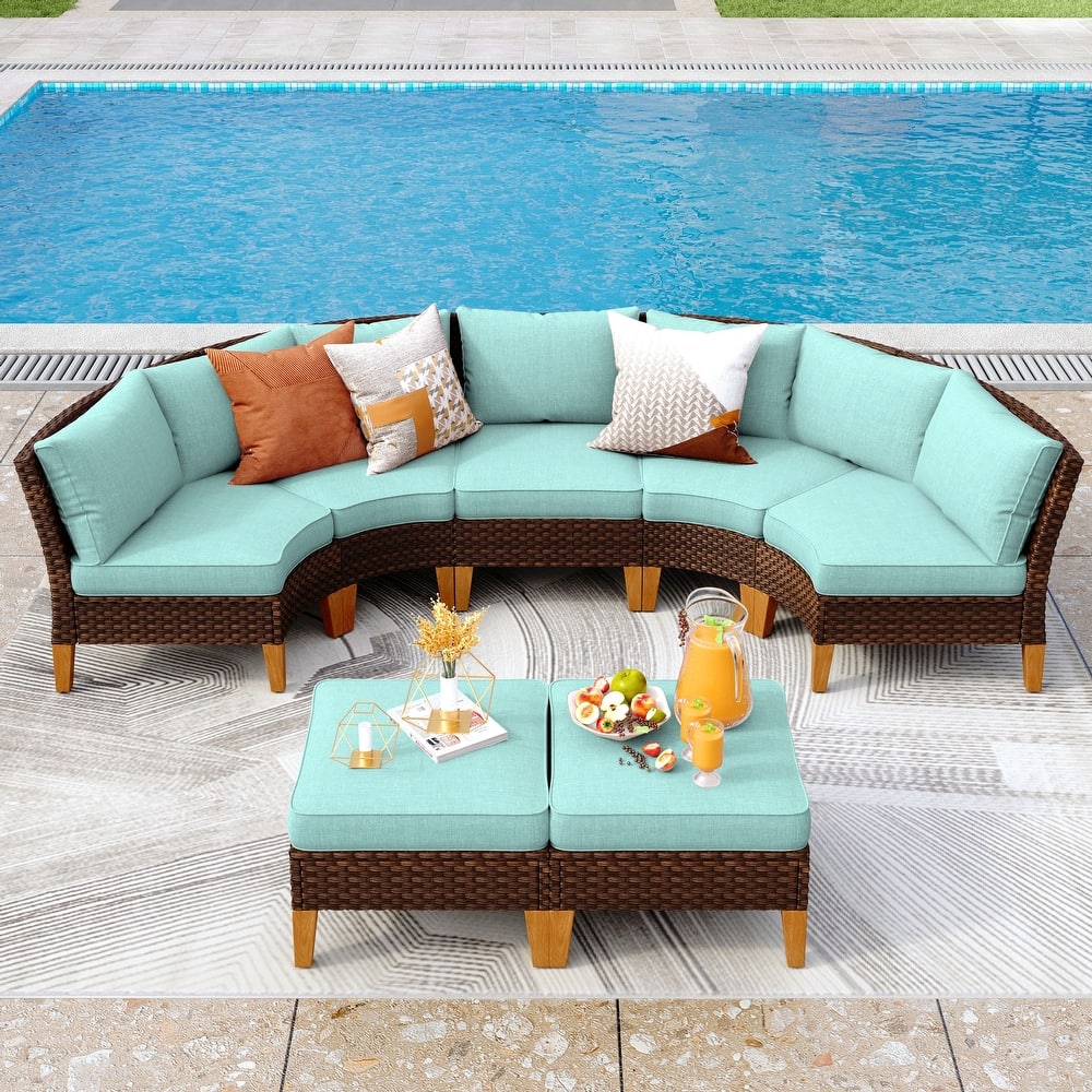 12-Seat Outdoor Wicker Half-Round Furniture Set, Half-Moon Sectional Sofa All Weather Curved Conversation Set