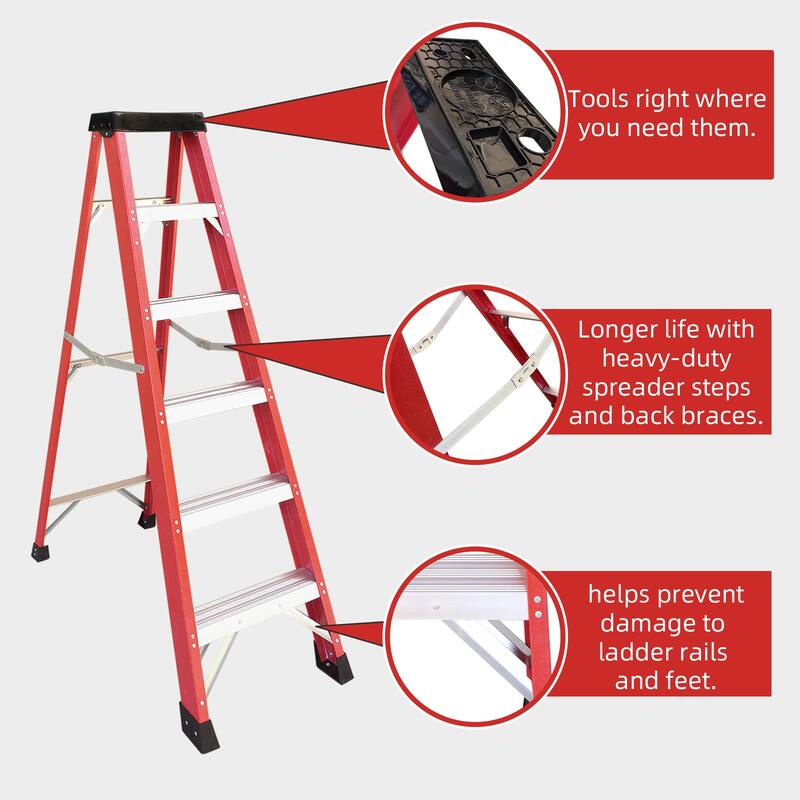 Anmytek Red Fiberglass Single Side Step Ladder Insulated Non Conductive Frame for Electrical Engineering and Home Maintenance