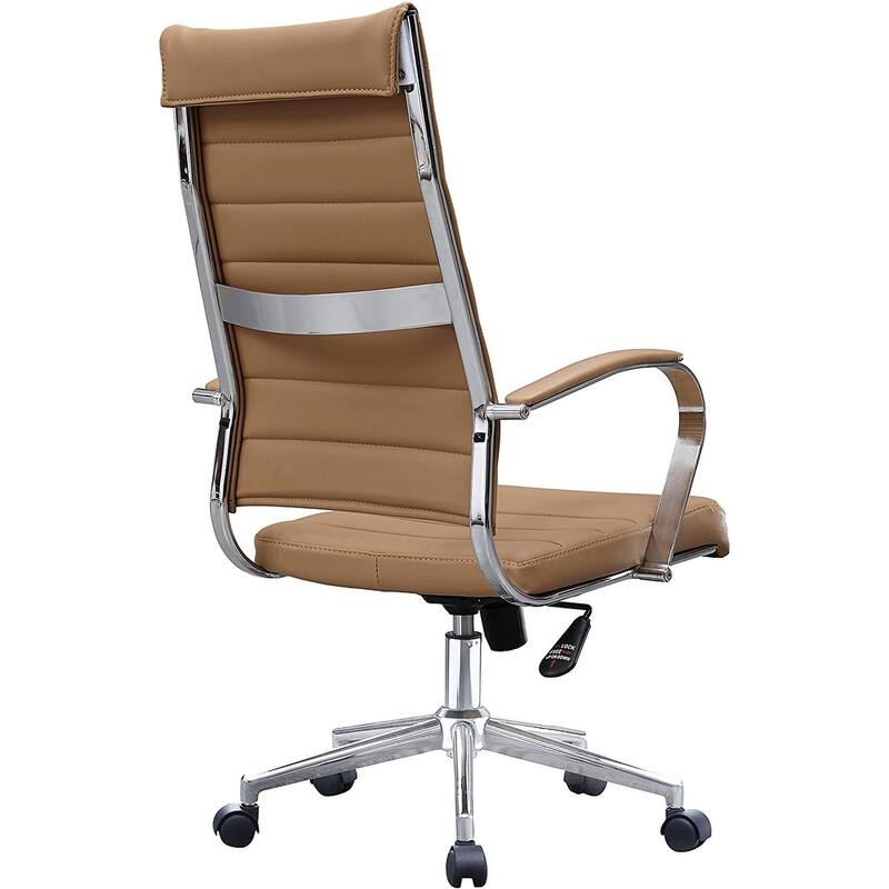 Modern Brown High Back Office Chair Ribbed PU Leather Swivel Conference Room Computer Desk Visitor Vintage Retro Boss