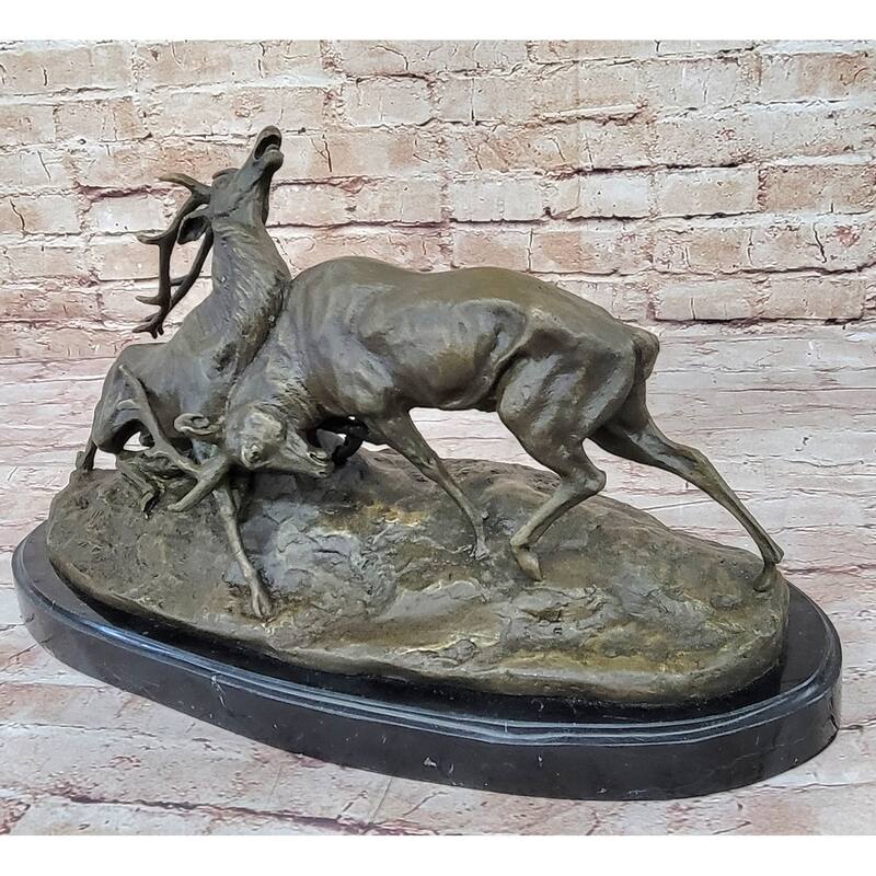 Two Elk Fighting Bronze Sculpture Animal Wildlife Marble Base Figurine Figure