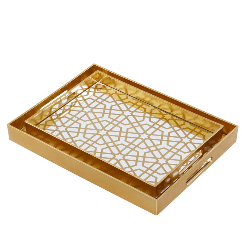CosmoLiving by Cosmopolitan Gold Plastic Mirrored Geometric Living Room Decor Tray (Set of 2) - S/2 14", 16"W