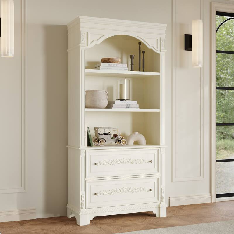 Vintage White Display Cabinet with Shelves and Drawers, Antique Bronze Handles, Hand-Rubbed Finish, Elegant Bookshelf