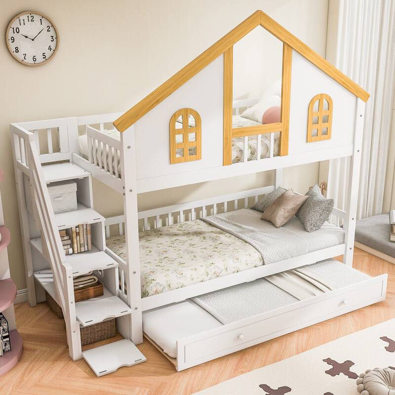 GDFStudio -DreamCottage Modern Wooden House Roof Bunk Bed with Storage Drawers and Staircase - White+Natural - Trundle - Twin