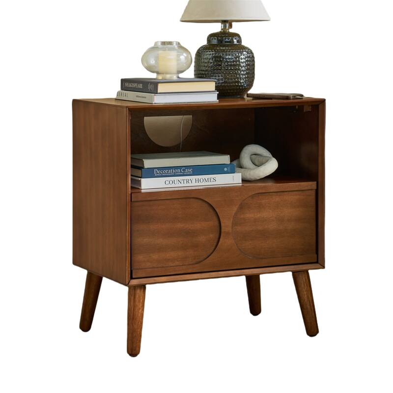 Fluted Nightstand with USB Ports, Outlet Hole and Solid Wood Legs