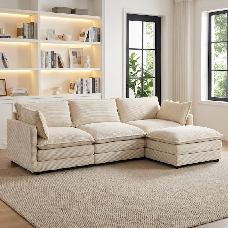 Oversized Modular Corduroy Sectional Sofa Set with Ottoman, 3-Seater / 4-Seater Deep Seat Lounge Couch for Living Room - Beige-3 Seat - Reversible