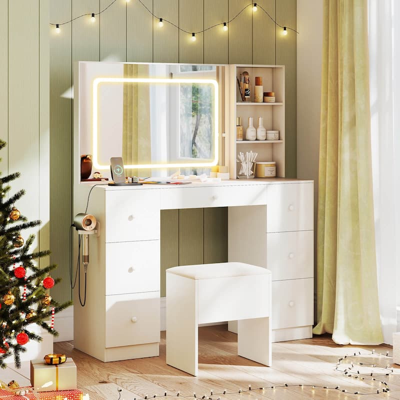 Costway Vanity Desk with Mirror & Lights Makeup Table with Power - See Details