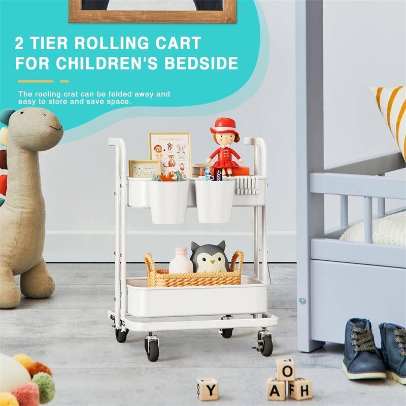 2 Tier Foldable Rolling Cart - 17.3"D x 18.3"W x 24.2"H