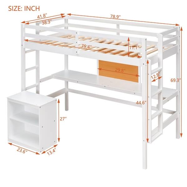 Twin Size Wooden Loft Bed with Desk and Writing Board & 2 Drawers