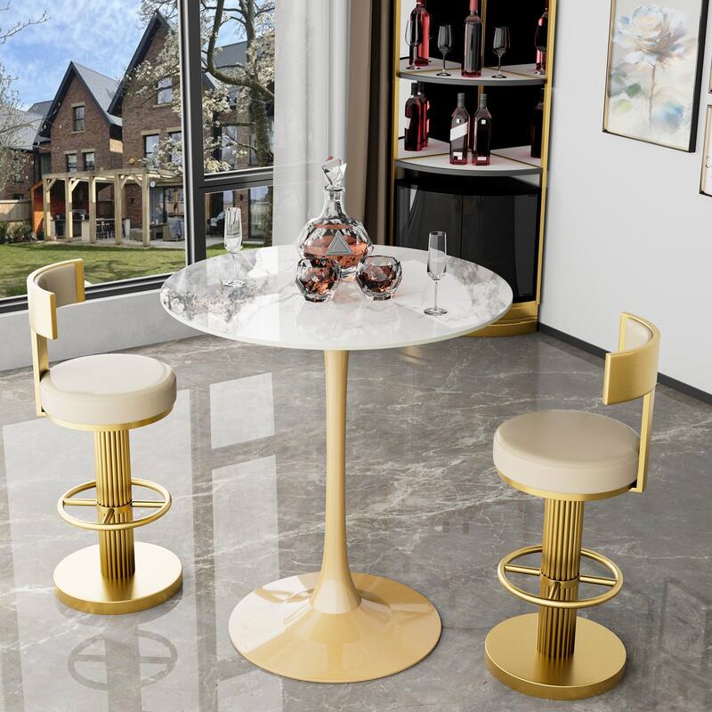 Round Dining Table Marble Modern Tulip Table Slate Tabletop with Metal Pedestal Base - 40" Height - Jade White with Gold Base