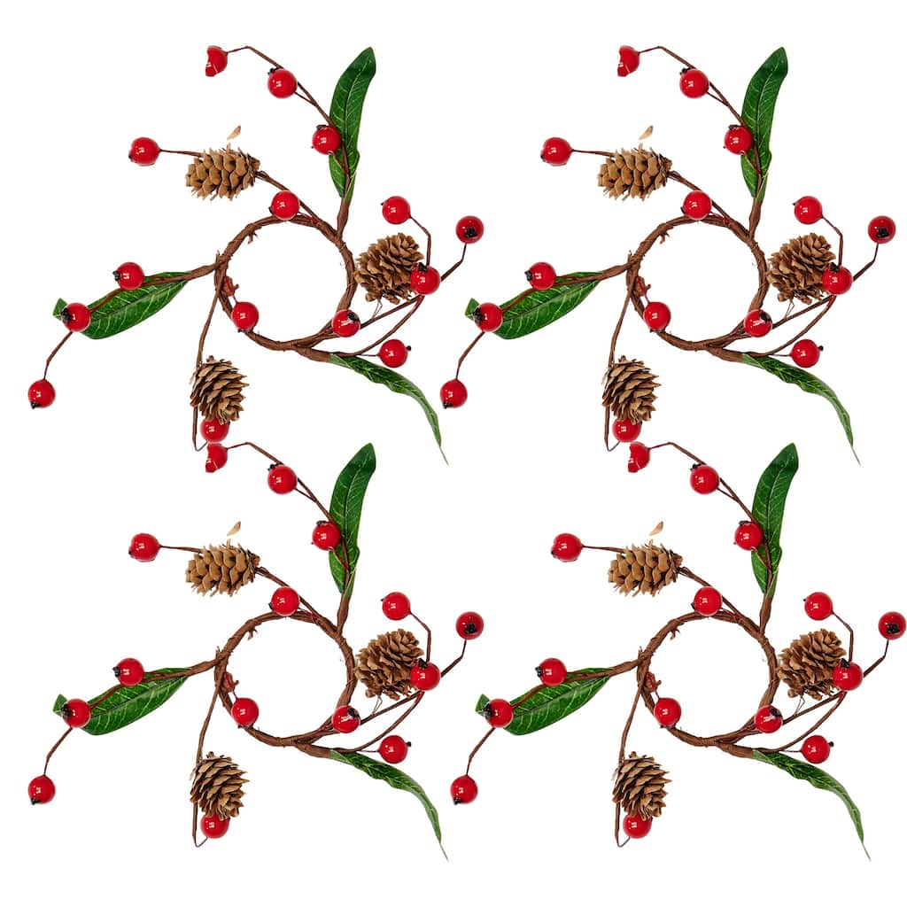 2" Red Berries Pine Cone Leaves Candle Ring, Set of 4 - 5
