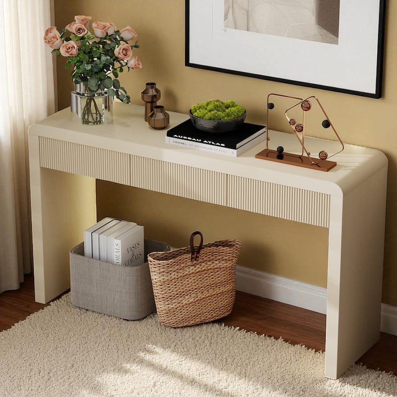 Rustic 55" Console Table with 3 Fluted Drawers, Solid Wood Veneer Entryway Table for Hallway or Foyer