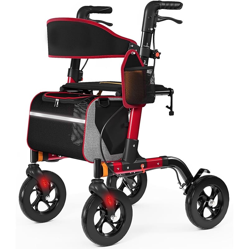 Walkers for Seniors, Rollator Walker with Seat, 350 lb Weight Capacity, 18" Big Seat, 8" All-Terrain Wheels - Red - Red