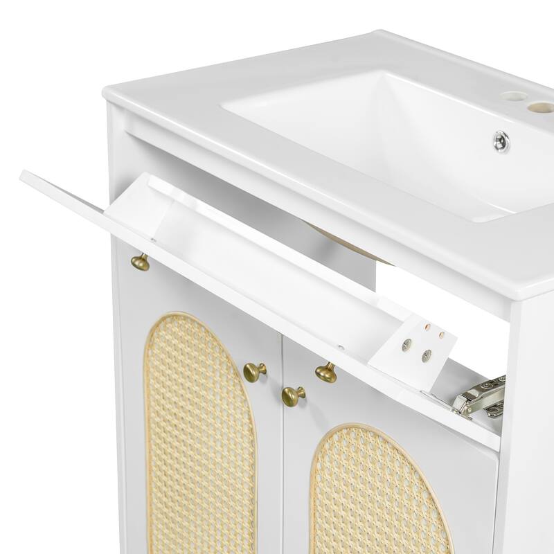 Woven Rattan Bathroom Vanity / Single Ceramic Sink Bathroom Cabinet