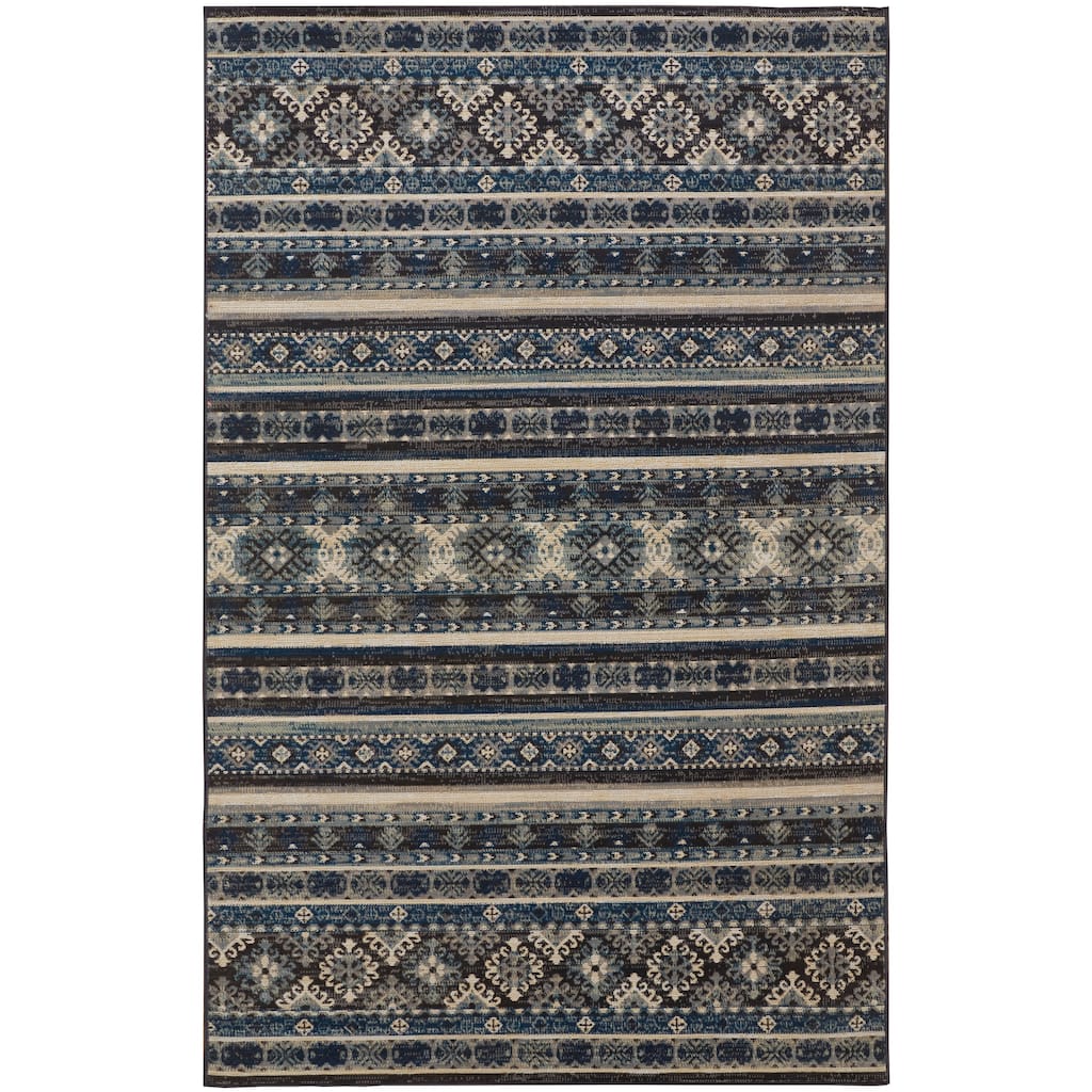 Kezia Vintage Style Tribal Kazak Rug, River Blue/Charcoal Gray