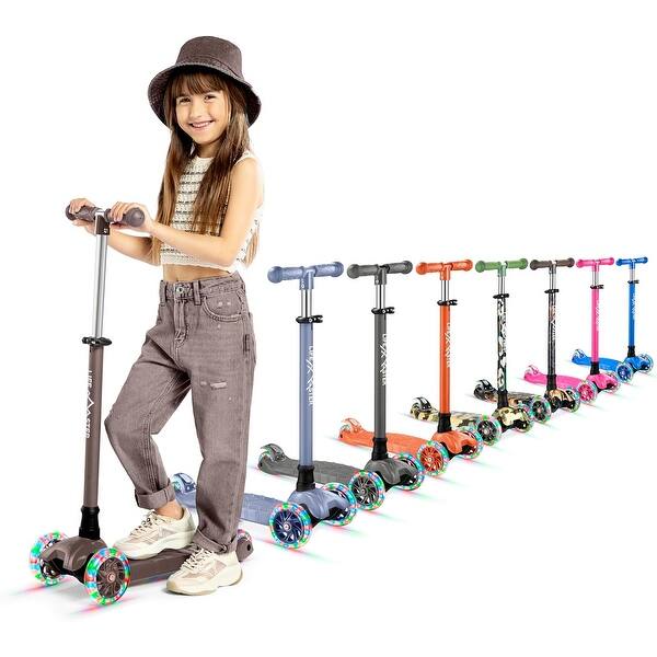 slide 2 of 15, Kids Scooter – Children and Toddler 3 Wheel Kick Scooter – LED Wheel Lights Illuminate When Rolling– Adjustable Handlebar – Brown - Brown