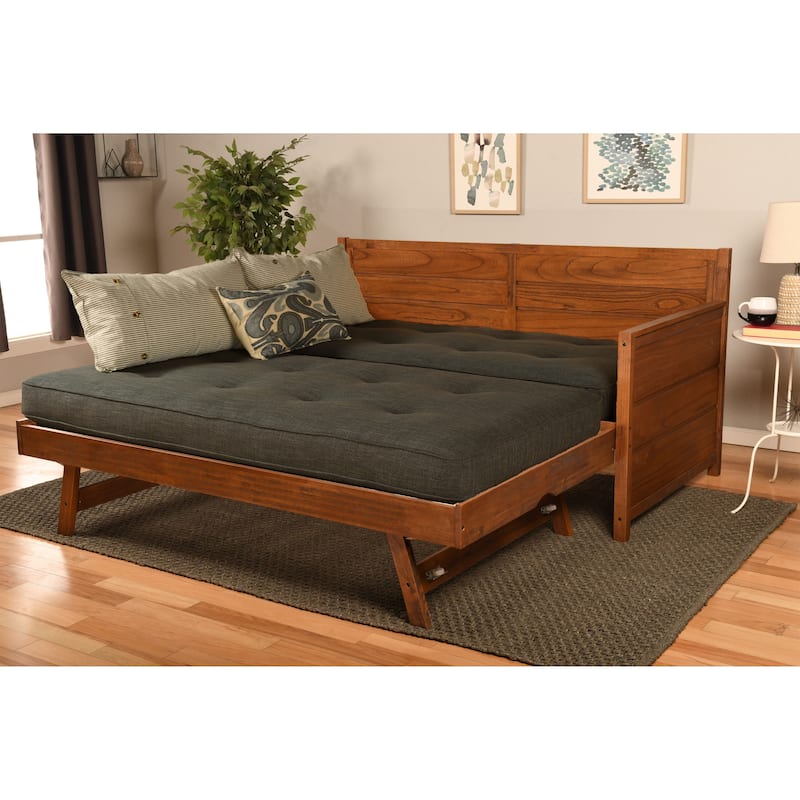 Somette Marisa Daybed with Pop Up Trundle in Weathered Brown with Mattresses - Linen Charcoal