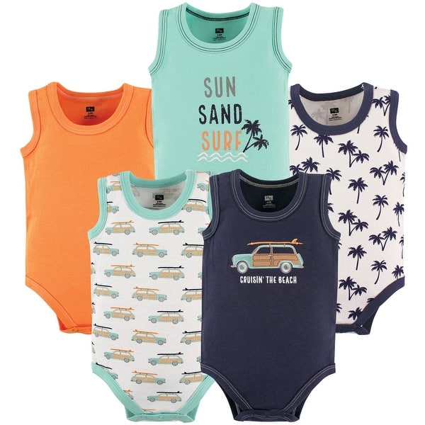 slide 1 of 1, Hudson Baby Infant Boy Cotton Sleeveless Bodysuits 5pk, Surf Car 0-3 Months - Surf Car