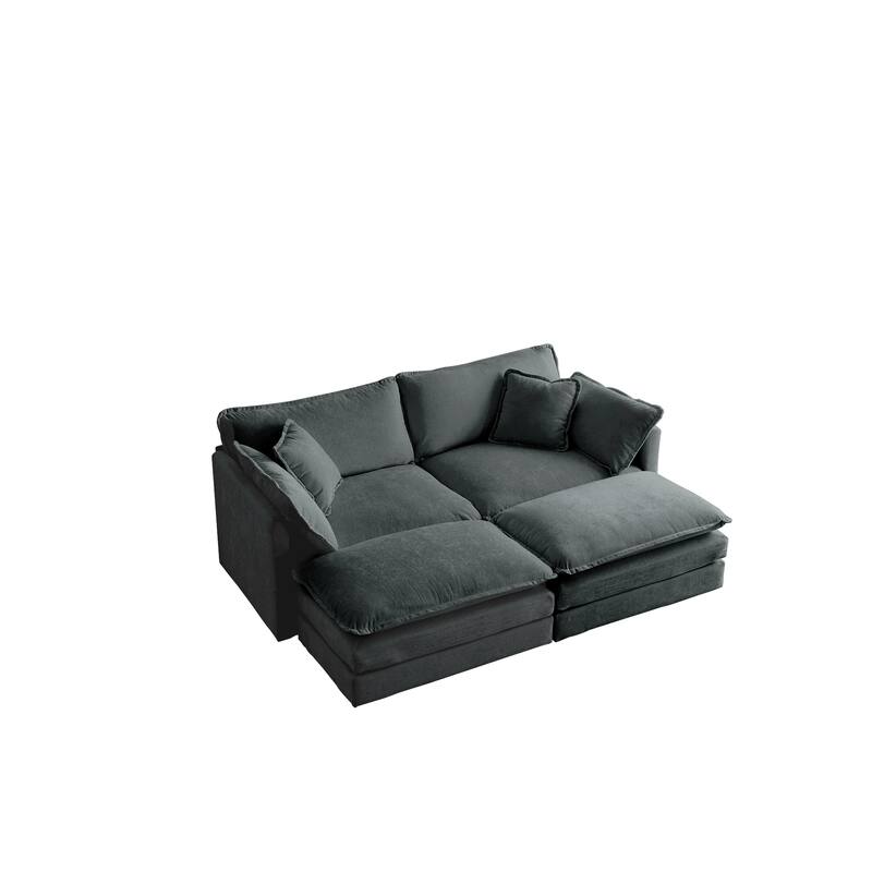 Roomfitters 4-Piece Modular Sectional Sofa, 2-Seater Loveseat with 2 Ottomans and 5 Pillows