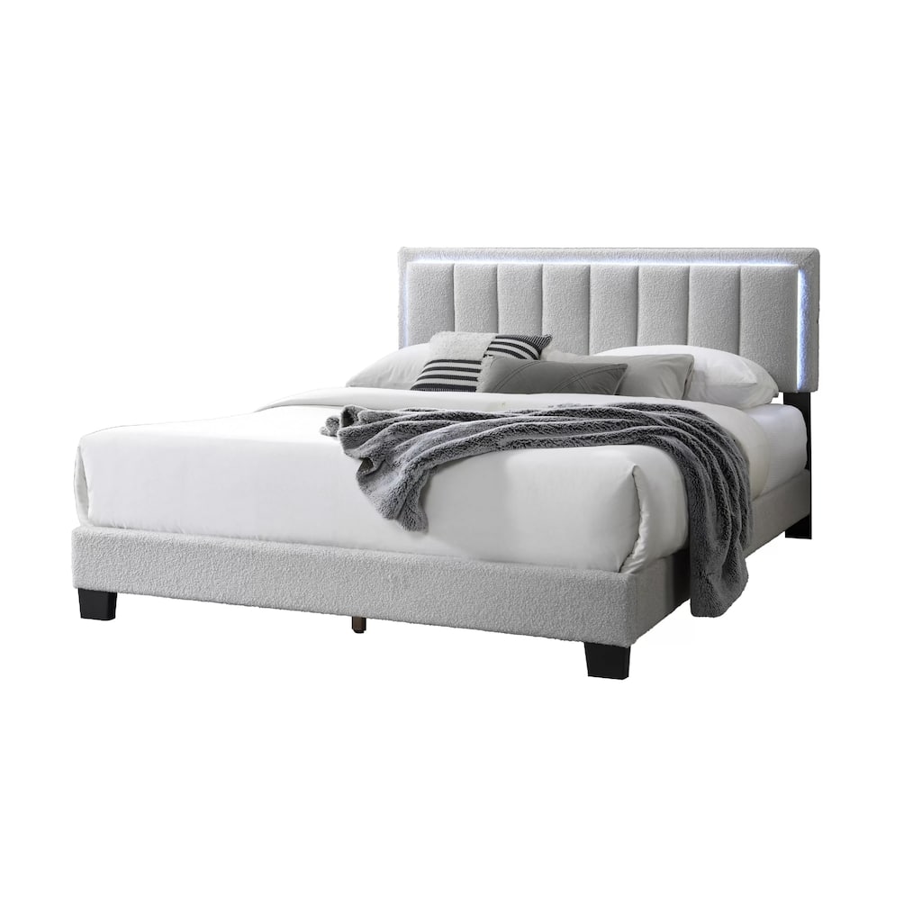 Jiana Full Bed, Light Gray Wool Upholstery, LED Headboard