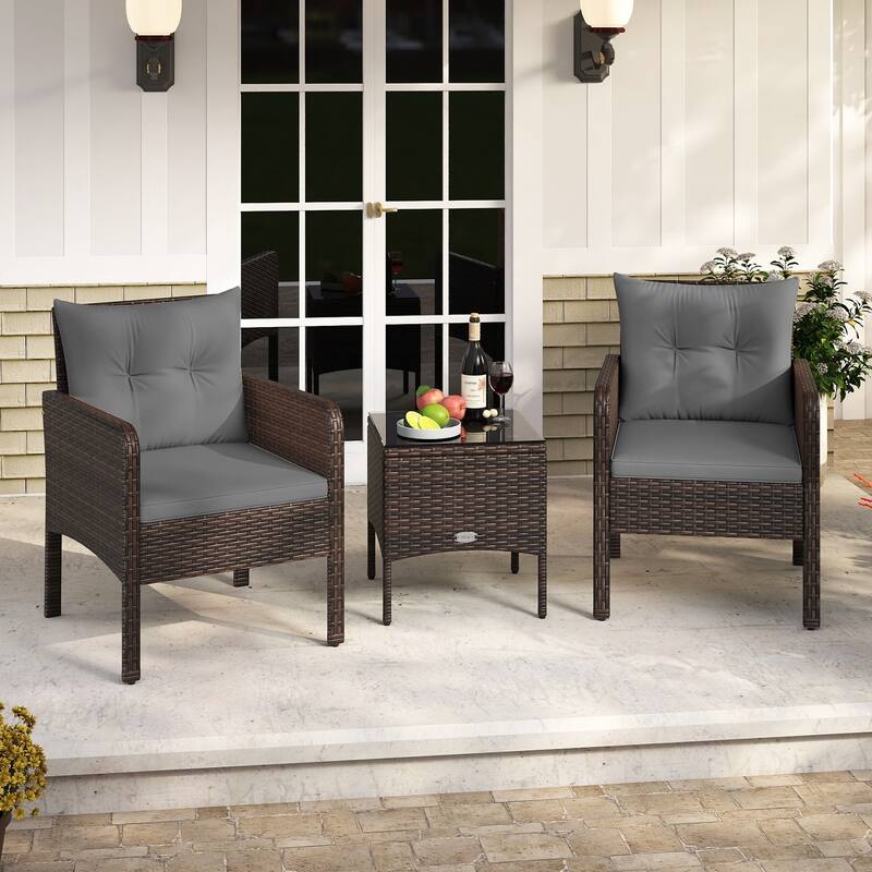 Gymax 3 PCS Patio PE Wicker Furniture Set w/Cushions & Tempered Glass