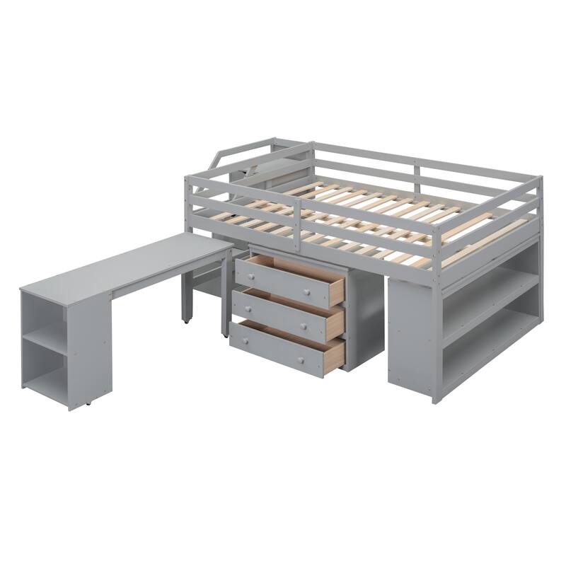 Roomfitters Full Size Loft Bed with Retractable Desk and Storage Drawers