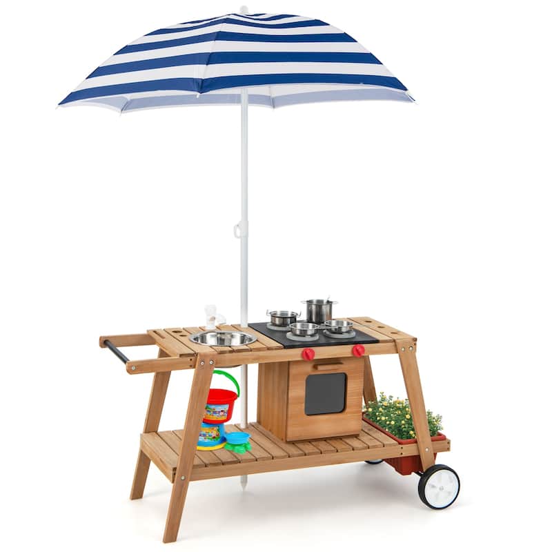 Costway Kid's Play Trolley Outdoor Wooden Kids Play Cart with Sun - See Details - Blue