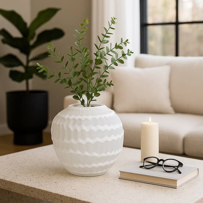 Carved Glass Vase with Vertical Strips Pattern Finish - White