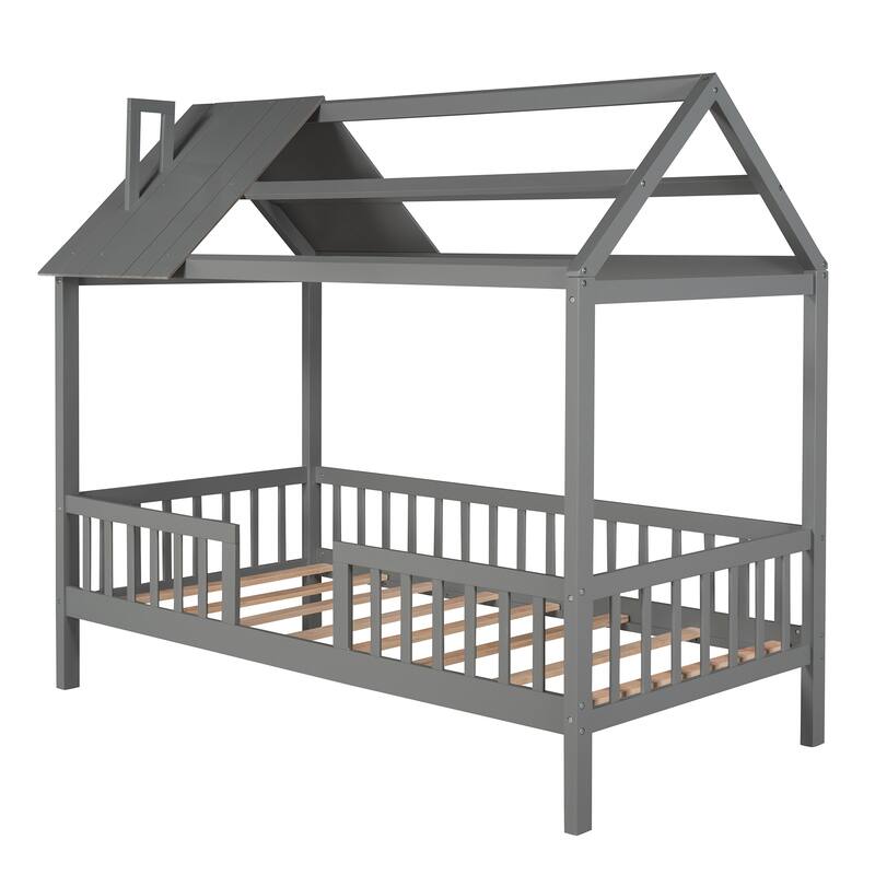Platform Bed for Kids, Wooden House Shaped Bedframe with Fence & Roof