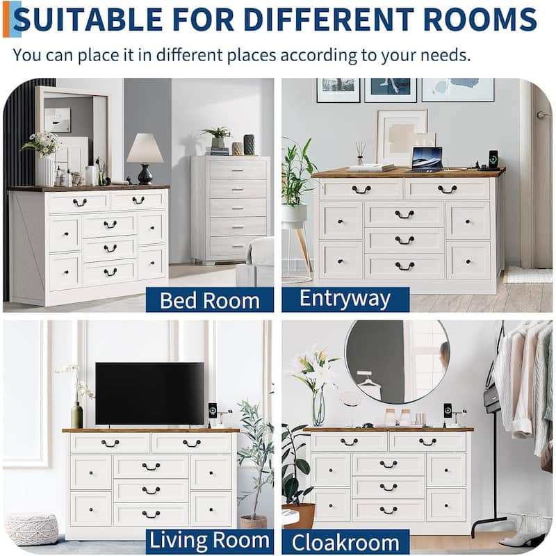 9 Drawer Dresser with Charging Station,54" Wide Wood Dresser with Metal Handle