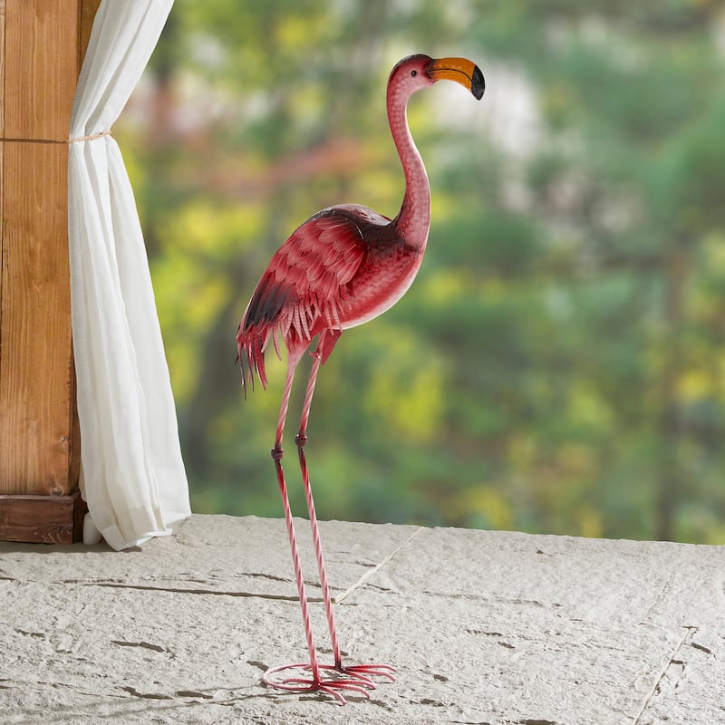Glitzhome Metal Standing Crane Flamingo Garden Statue with Stakes Yard Art Sculpture Porch Decor