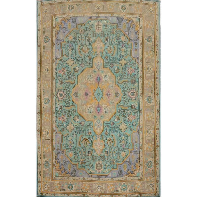 Hand Knotted Oriental 100% Wool Carpet Traditional Floral Navy Blue & Blues Tabriz Area Rug - 11' 3'' X 8' 1''