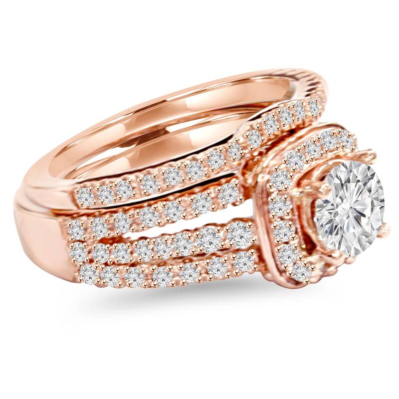 1.50CT Cushion Halo Diamond Engagement Ring Set Rose Gold