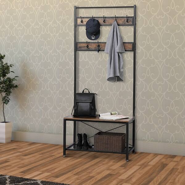 Shop Black Friday Deals On Industrial Wood And Metal Coat Rack With Shoe Bench Black And Brown Overstock 29074378