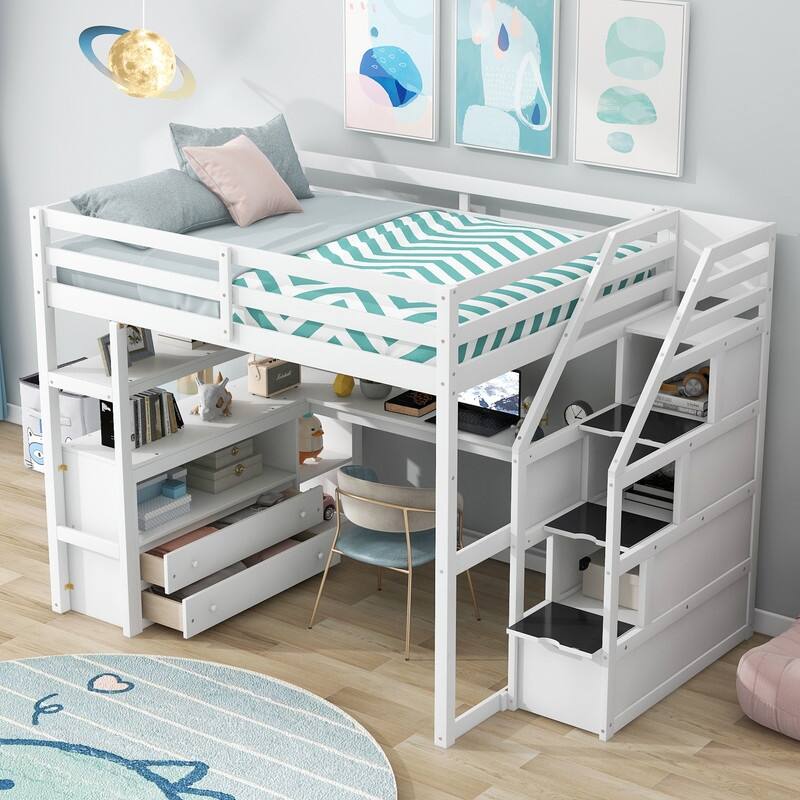 Twin/Full Size Stairway Loft Bed with Built-in Desk with Two Drawers, Solid Wood Bed Frame with Storage Shelves for Kids Teens