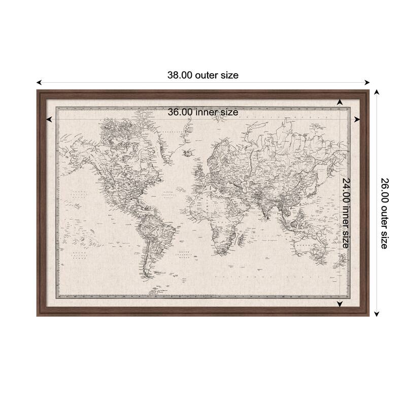 Kate and Laurel Framed Fabric Pinboard Vintage Black and White Linen World Map Wall Organization