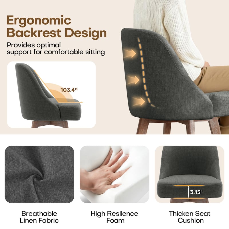 26" Upholstered Counter Height Swivel Bar Stool, Counter Stools with Solid Wood Legs - 39.37"H x 22.44"D x 21.65"W