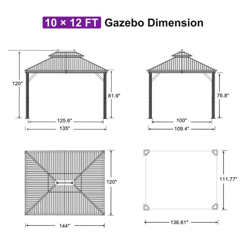 PURPLE LEAF Hardtop Aluminum Gazebo with Curtains and Netting, Double Roof Patio Gazebo