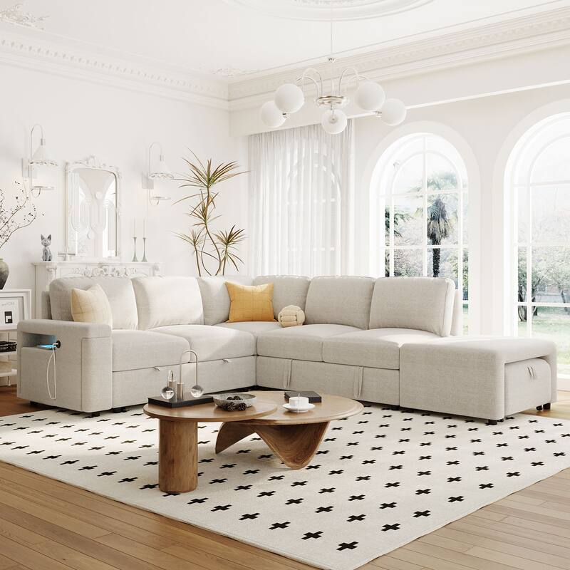 Convertible L-Shaped Sofa Couch with Storage Space, USB Charging Ports, Cup Holders, Sleeper Bed for Modern Living Rooms - Beige