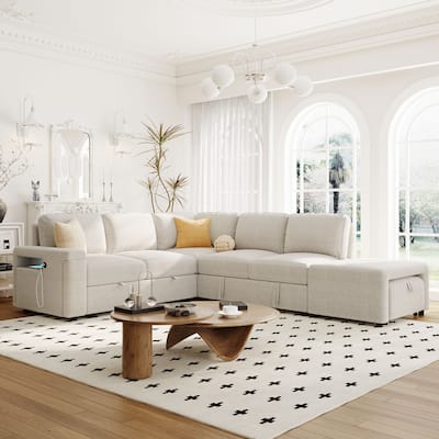 Convertible L-Shaped Sofa Couch with Storage Space, USB Charging Ports, Cup Holders, Sleeper Bed for Modern Living Rooms