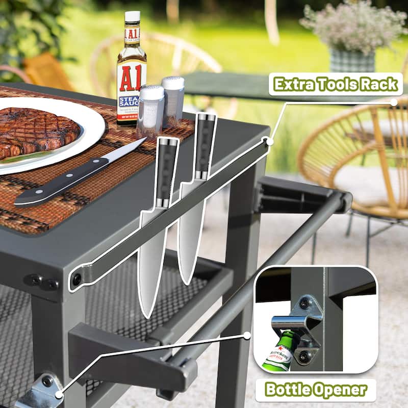 GDFStudio - Kendrick 3-Tier Outdoor Grill Table with Rolling Wheels and Multifunctional Prep Surface