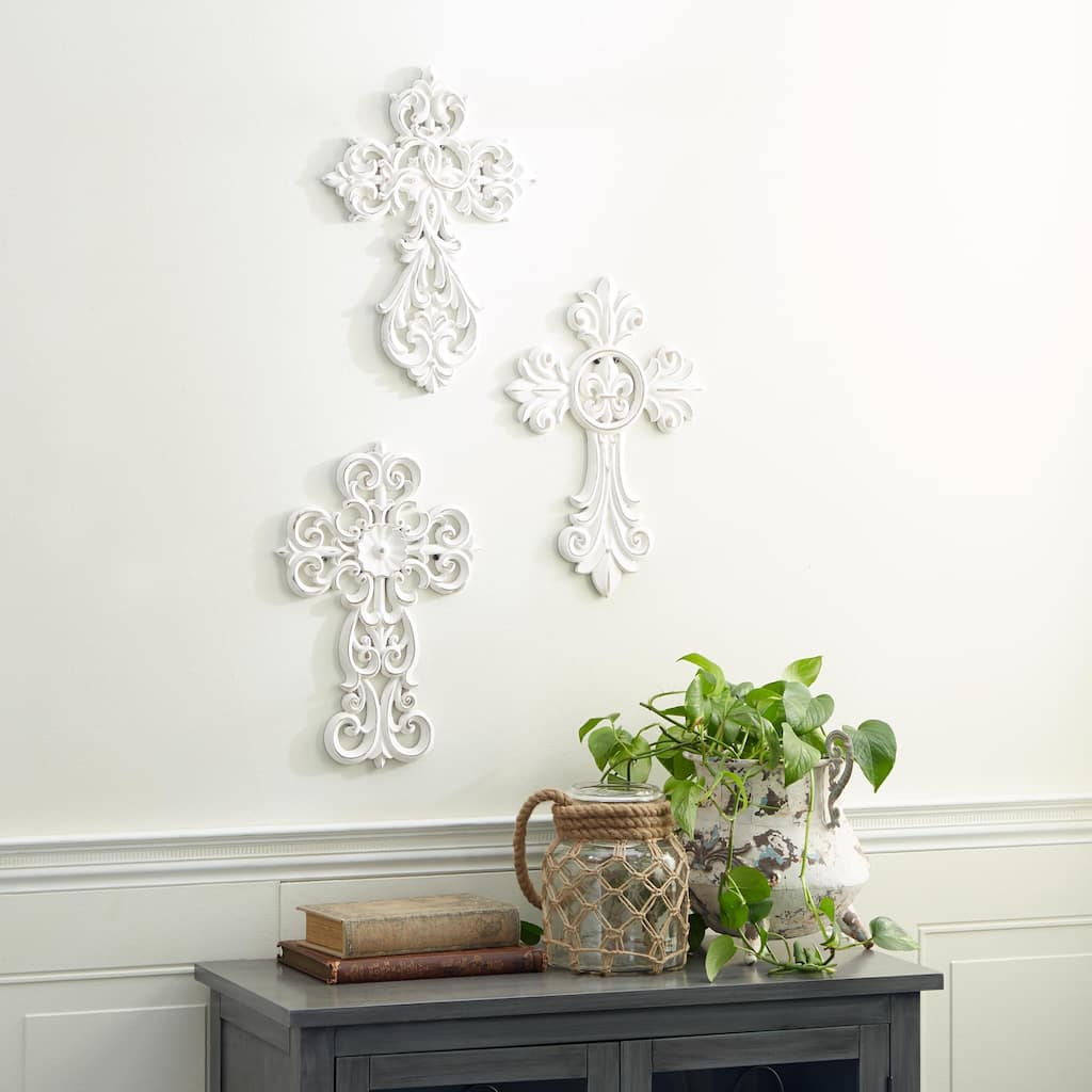 White Wooden Carved Cross Cross Home Wall Decor (Set of 3)