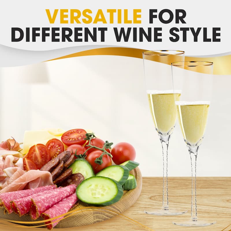 Berkware Luxurious Crystal Champagne Flutes with Twisted Stem and Gold Rim